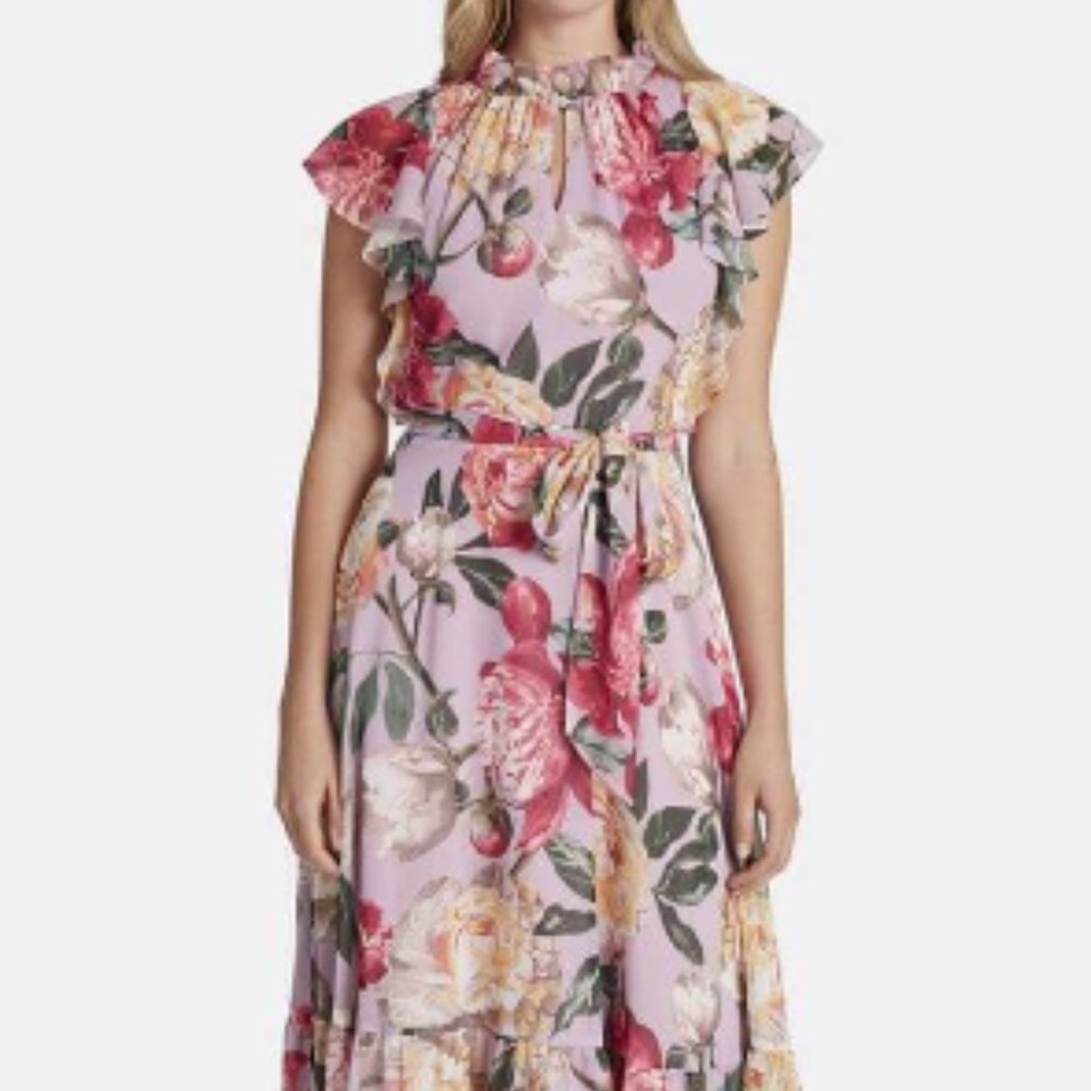 Tahari ASL Women's Short Sleeve Ruffle Neck Floral Print Tiered Skirt Dress--NWT